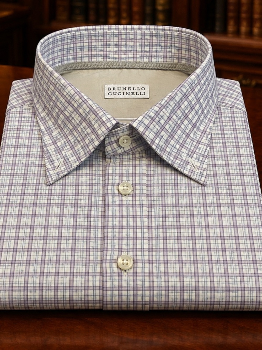 Brunello Cucinelli Lavender and White Check Dress Shirt
